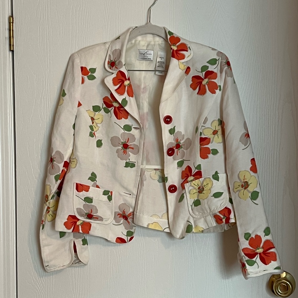 Emma James Cream Floral Cropped Blazer with Red & Yellow Blooms